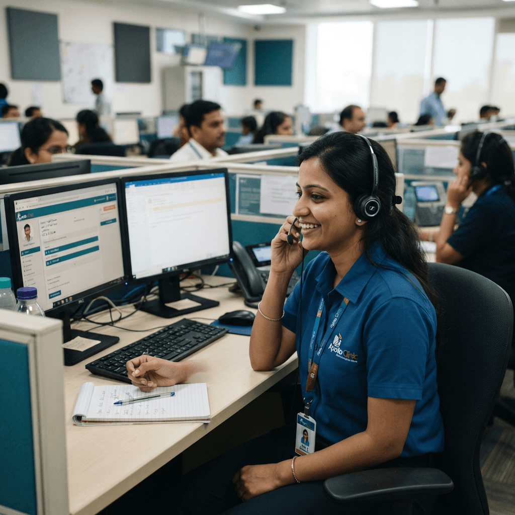 Indian healthcare customer service representative confirming medical appointment over phone