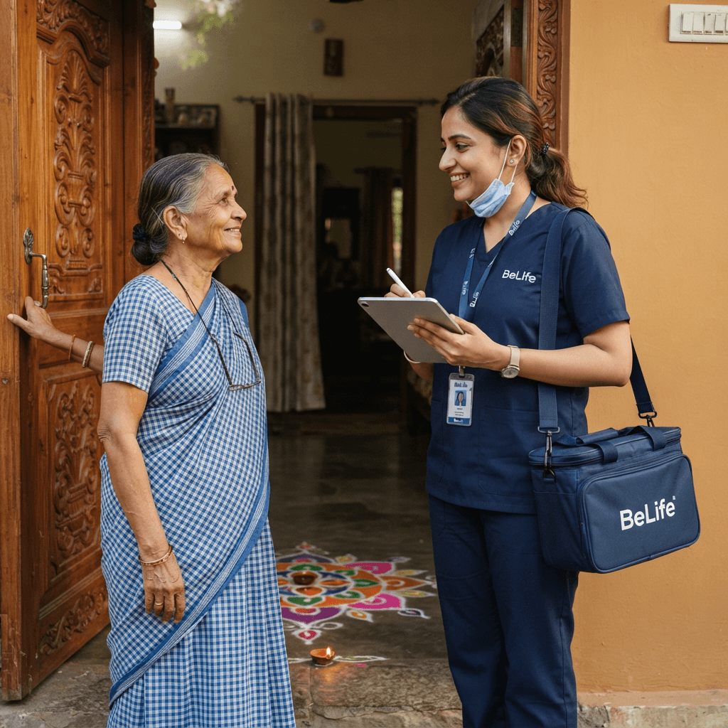 Indian healthcare worker visiting Indian home for blood sample collection service