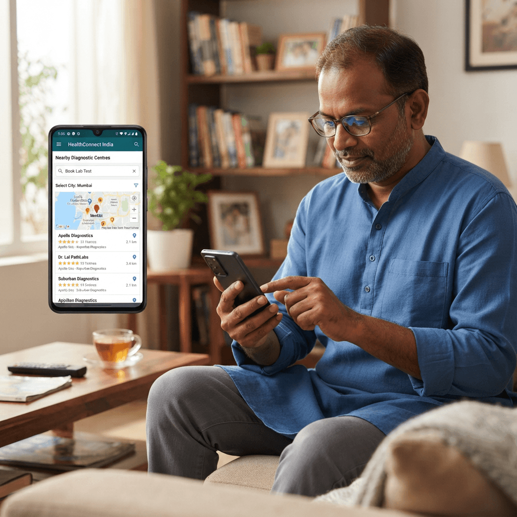 Indian patient using smartphone to search for diagnostic services and nearby medical centres